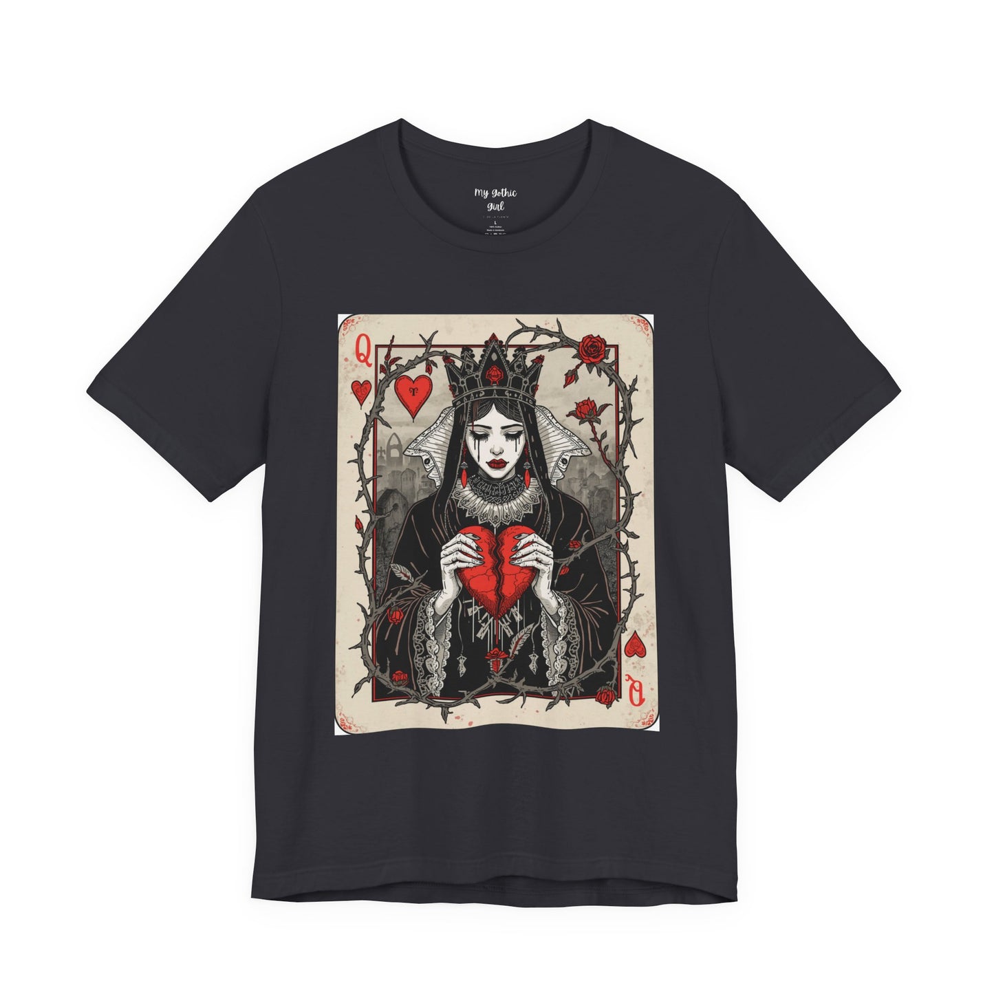 Queen of Hearts Playing Card T-Shirt — Gothic Rose Broken Heart Graphic Tee