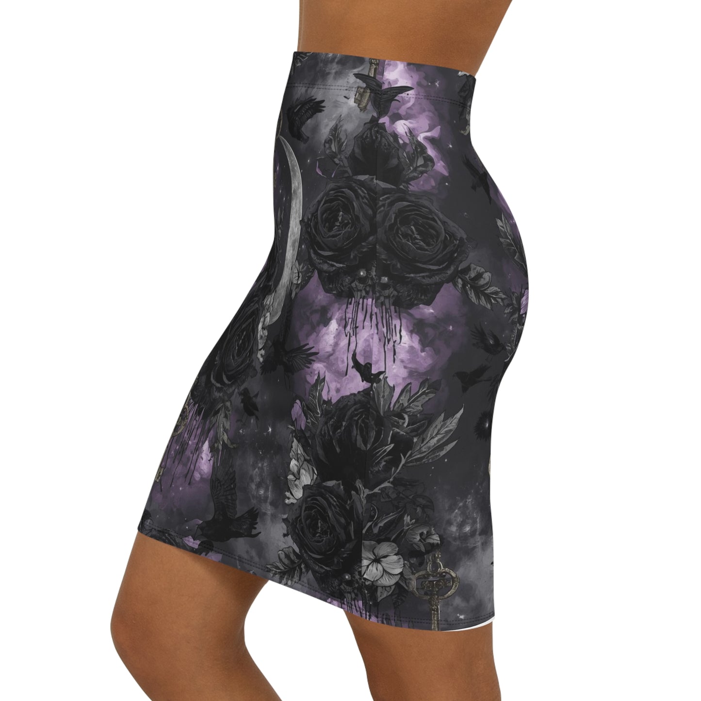 Gothic Moon & Black Rose Pencil Skirt — Dark Floral Crescent Key Print