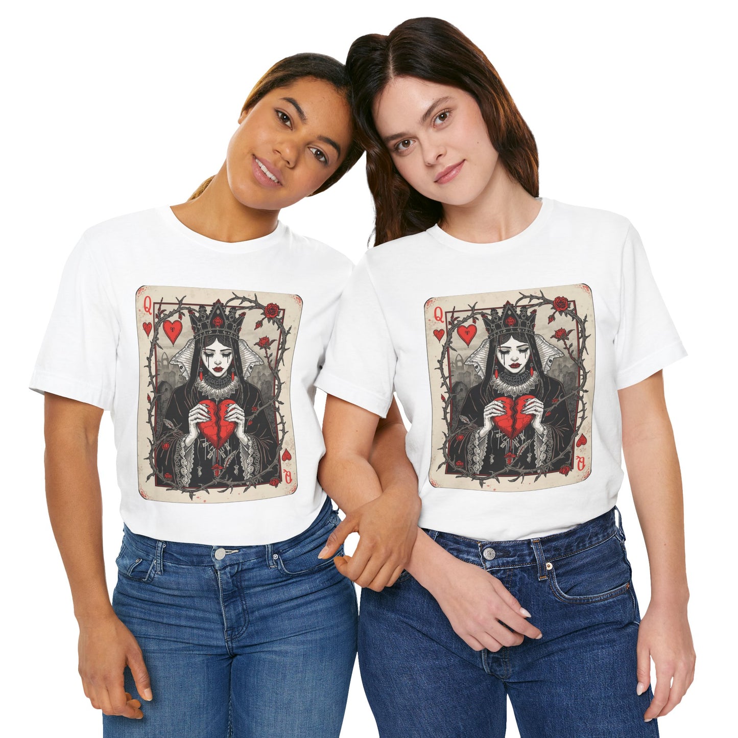 Queen of Hearts Playing Card T-Shirt — Gothic Rose Broken Heart Graphic Tee