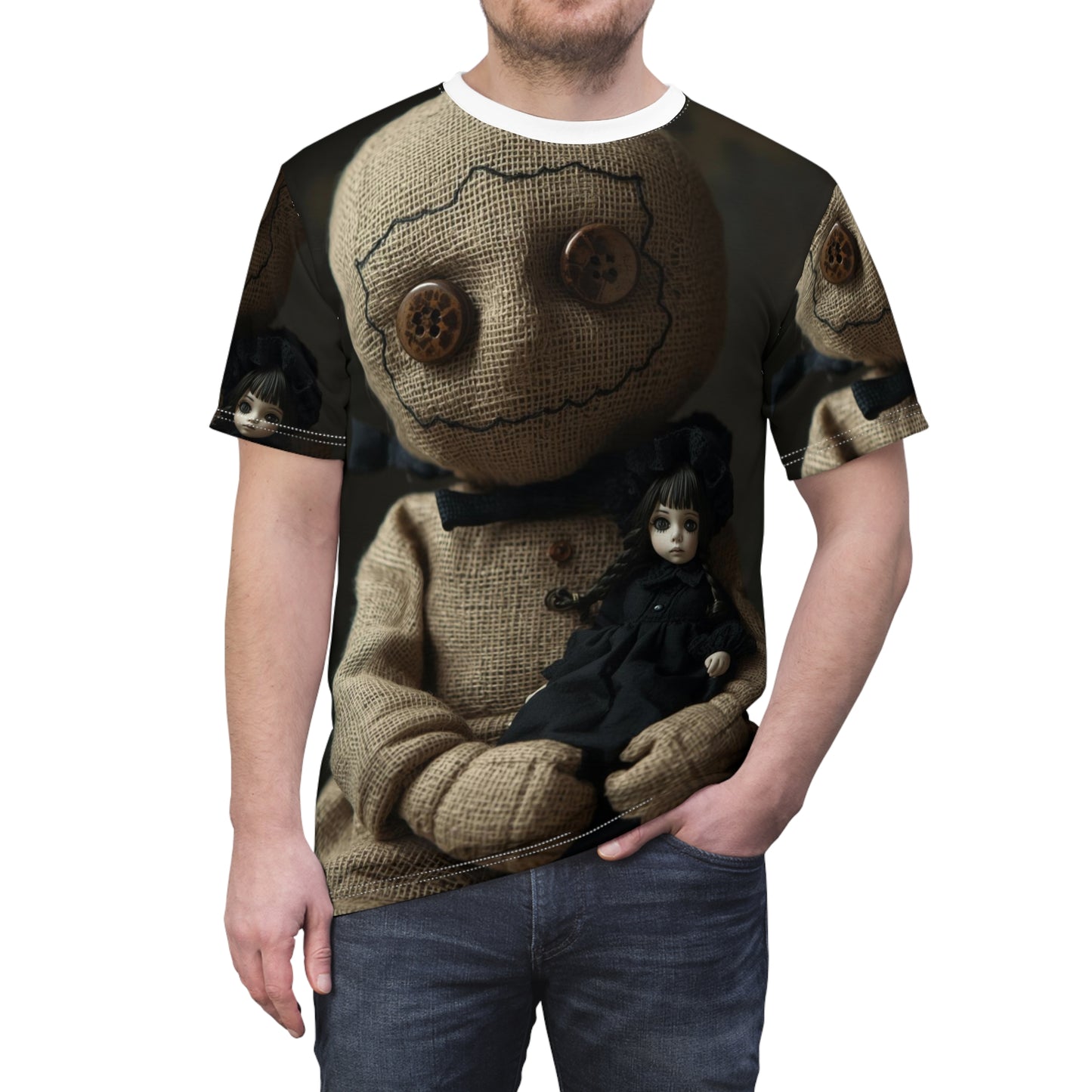 Gunny Sack Doll with Toy Gothic Doll | Horror All-Over Print T‑Shirt