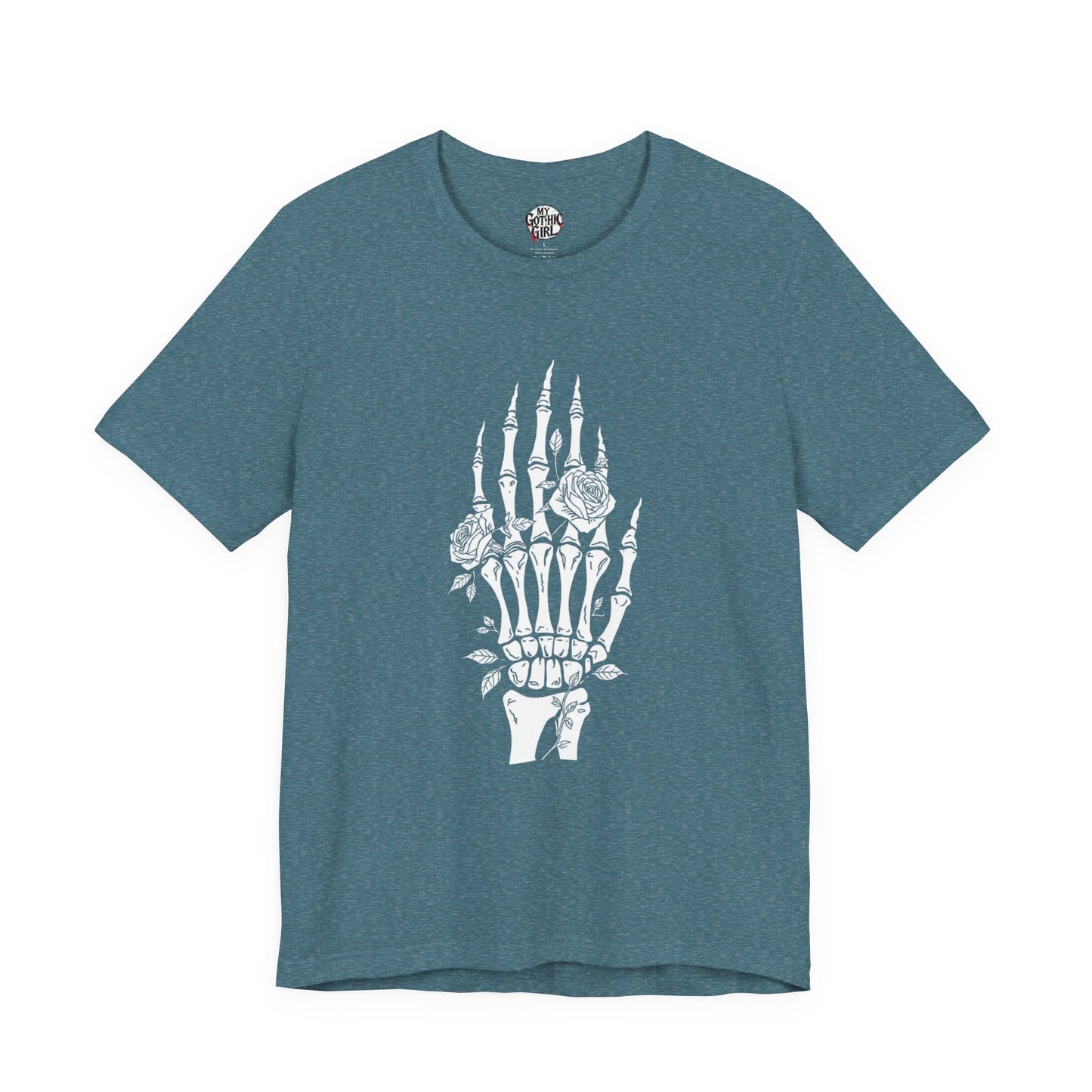White Roses and Skeleton Hand  Gothic Graphic T-Shirt – Alt Aesthetic Poetic Goth Streetwear