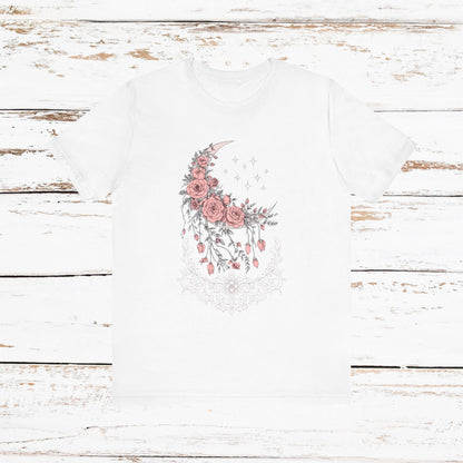 Celestial Goth Crescent Moon Tee with Dripping Florals – Mystic Graphic Art