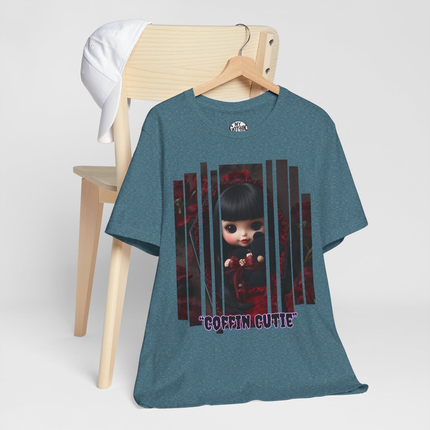 “Coffin Cutie” — cute Gothic doll peeking out from a small coffin Graphic T-Shirt – Alt Aesthetic Poetic Goth Street-wear