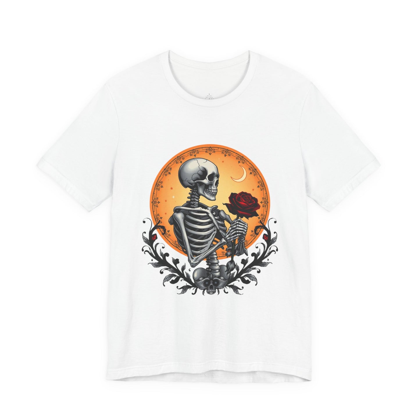 Mystical Gothic Skeleton and Black Rose Under Crescent Moon T-Shirt Design