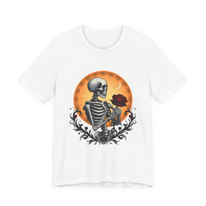 Mystical Gothic Skeleton and Black Rose Under Crescent Moon T-Shirt Design