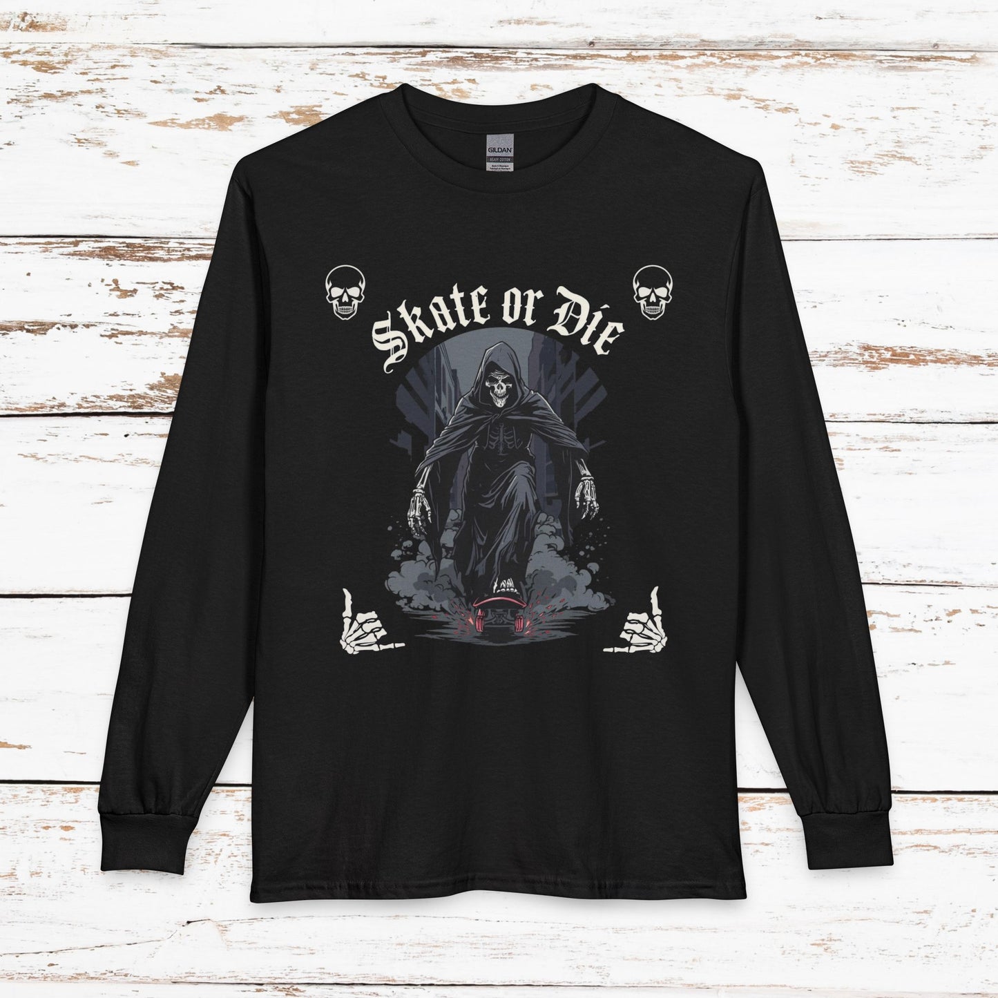 Skate or Die Long Sleeve Shirt — Gothic Skull Skateboard Tee