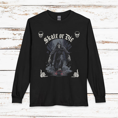 Skate or Die Long Sleeve Shirt — Gothic Skull Skateboard Tee