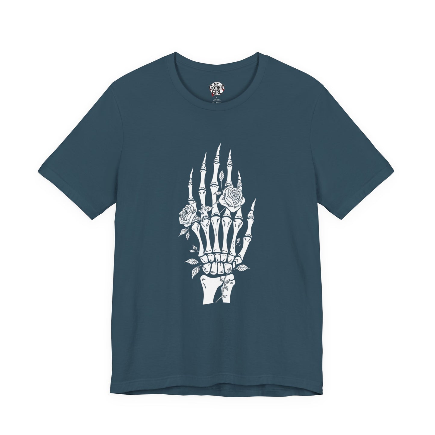 White Roses and Skeleton Hand  Gothic Graphic T-Shirt – Alt Aesthetic Poetic Goth Streetwear