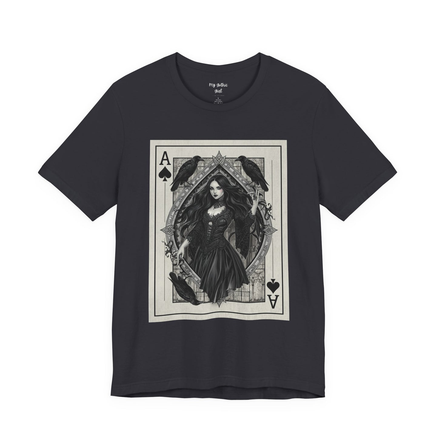 Ace of Spades Gothic Playing Card T‑Shirt — Dark Victorian Witch Illustration