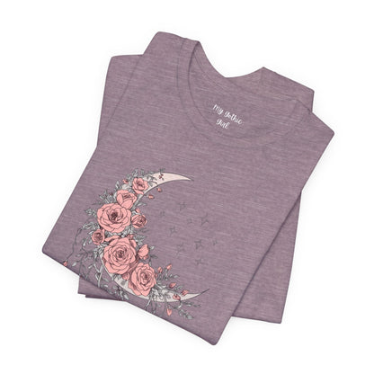 Celestial Goth Crescent Moon Tee with Dripping Florals – Mystic Graphic Art