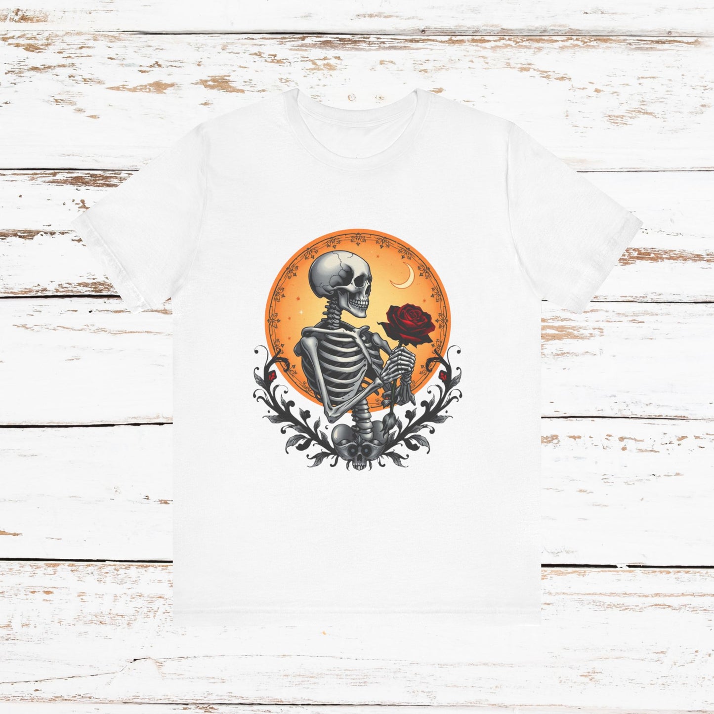Mystical Gothic Skeleton and Black Rose Under Crescent Moon T-Shirt Design