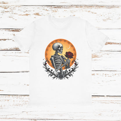 Mystical Gothic Skeleton and Black Rose Under Crescent Moon T-Shirt Design