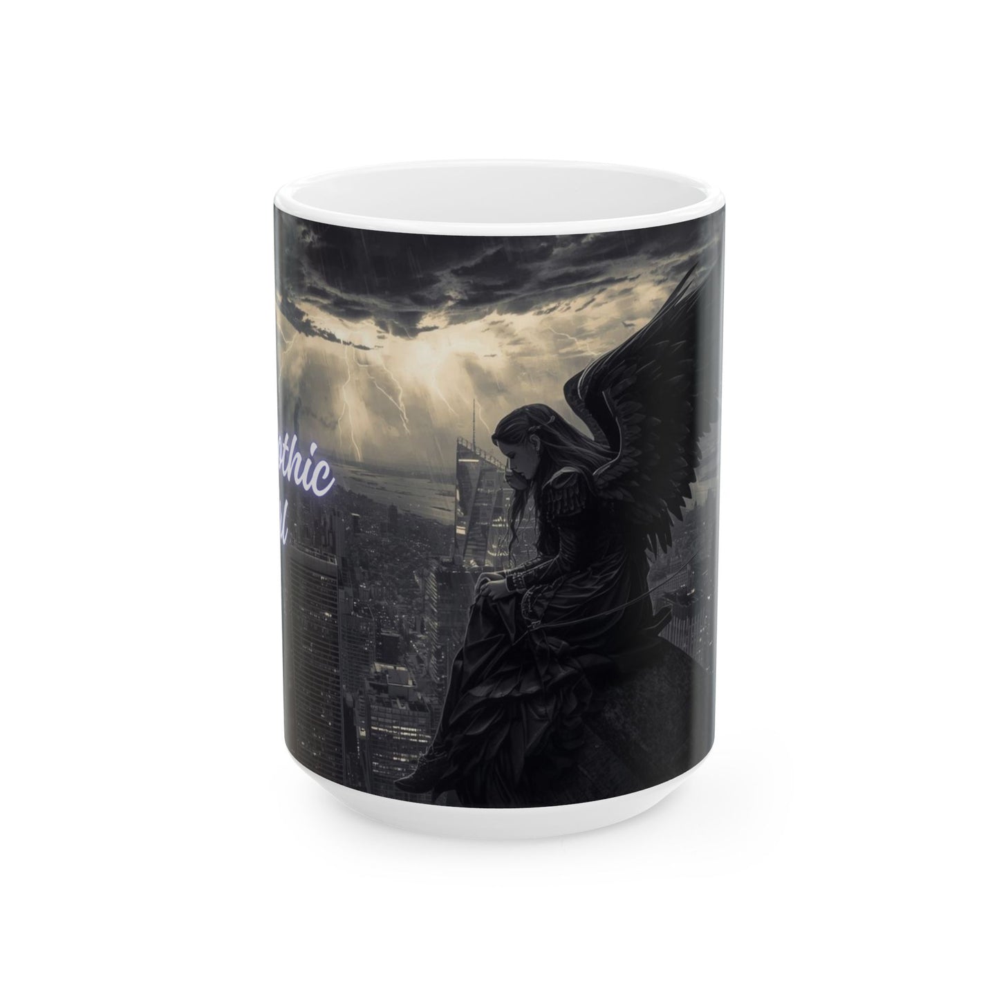 Gothic Angel Ceramic Mug — Moody Cityscape Memorial Coffee Cup (11oz/15oz)