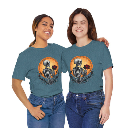 Mystical Gothic Skeleton and Black Rose Under Crescent Moon T-Shirt Design