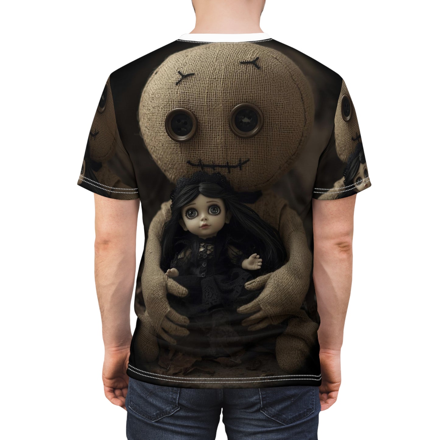 Gunny Sack Doll with Toy Gothic Doll | Horror All-Over Print T‑Shirt