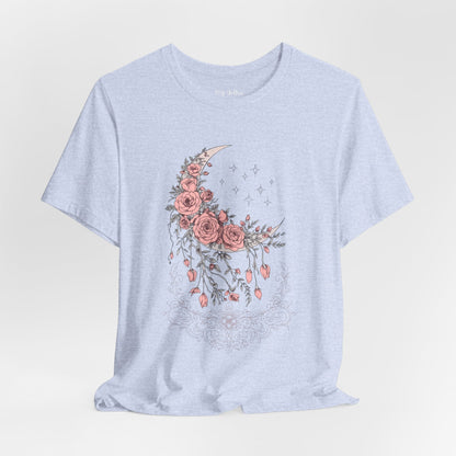 Celestial Goth Crescent Moon Tee with Dripping Florals – Mystic Graphic Art