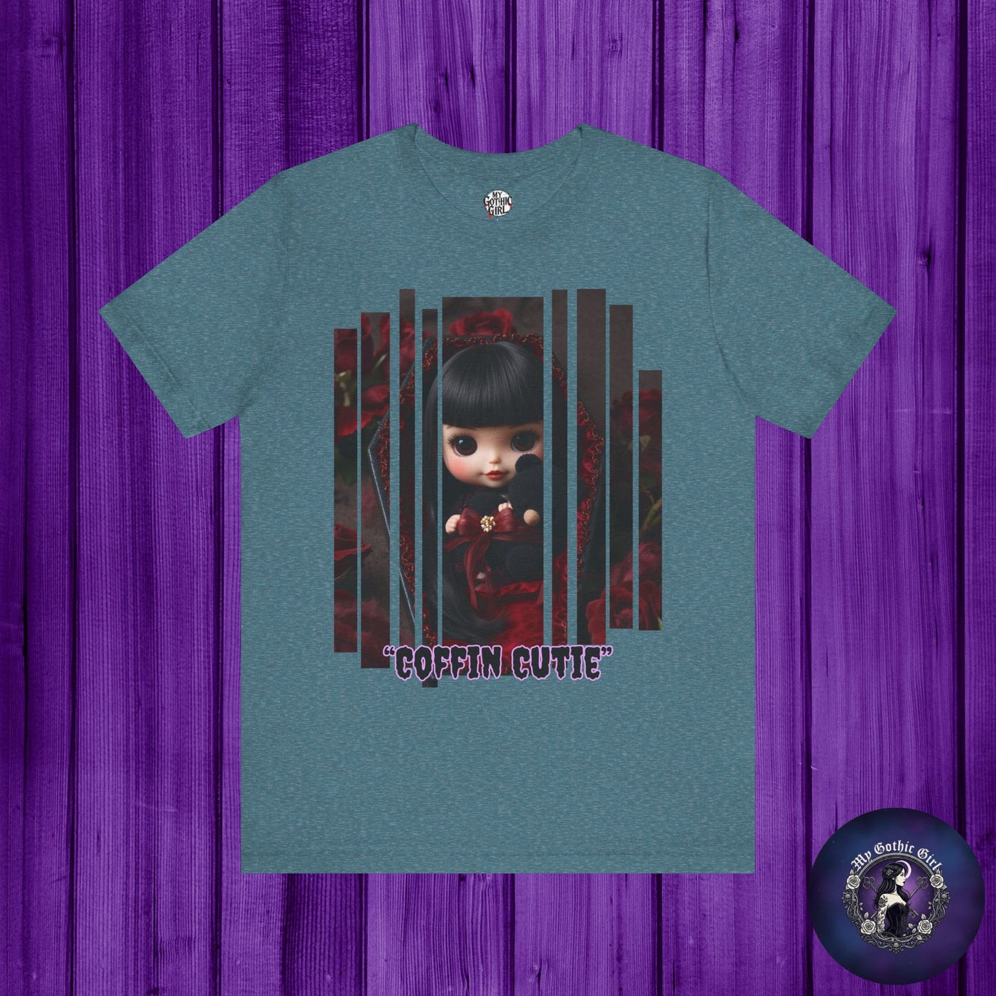 “Coffin Cutie” — cute Gothic doll peeking out from a small coffin Graphic T-Shirt – Alt Aesthetic Poetic Goth Street-wear