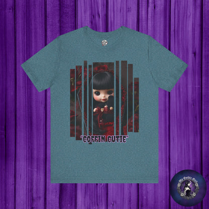 “Coffin Cutie” — cute Gothic doll peeking out from a small coffin Graphic T-Shirt – Alt Aesthetic Poetic Goth Street-wear