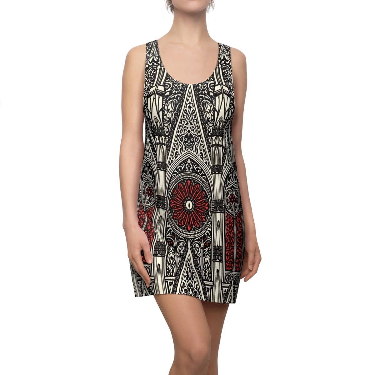 Gothic Stained-Glass Racerback Dress — Red Rose Cathedral Print