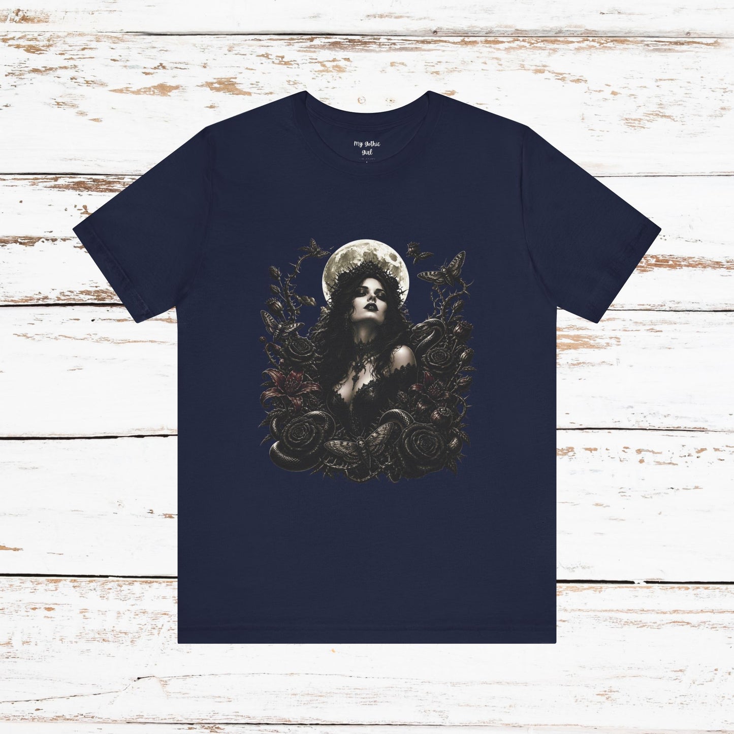 Gothic Moon Goddess Tee – Dark Floral Occult Graphic T-Shirt
