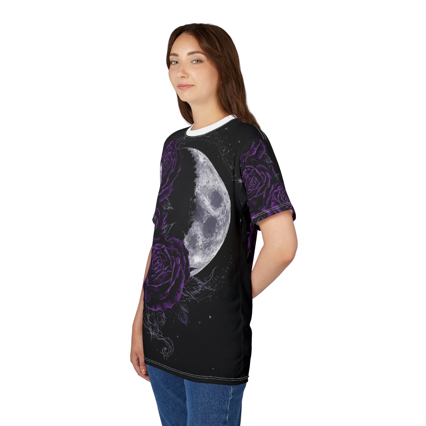Purple Moon & Roses Tee — Gothic Floral Moonlight All-Over Print Shirt