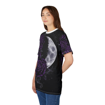 Purple Moon & Roses Tee — Gothic Floral Moonlight All-Over Print Shirt