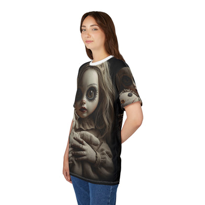 Gunny Sack Doll with Toy Gothic Doll | Horror All-Over Print T‑Shirt