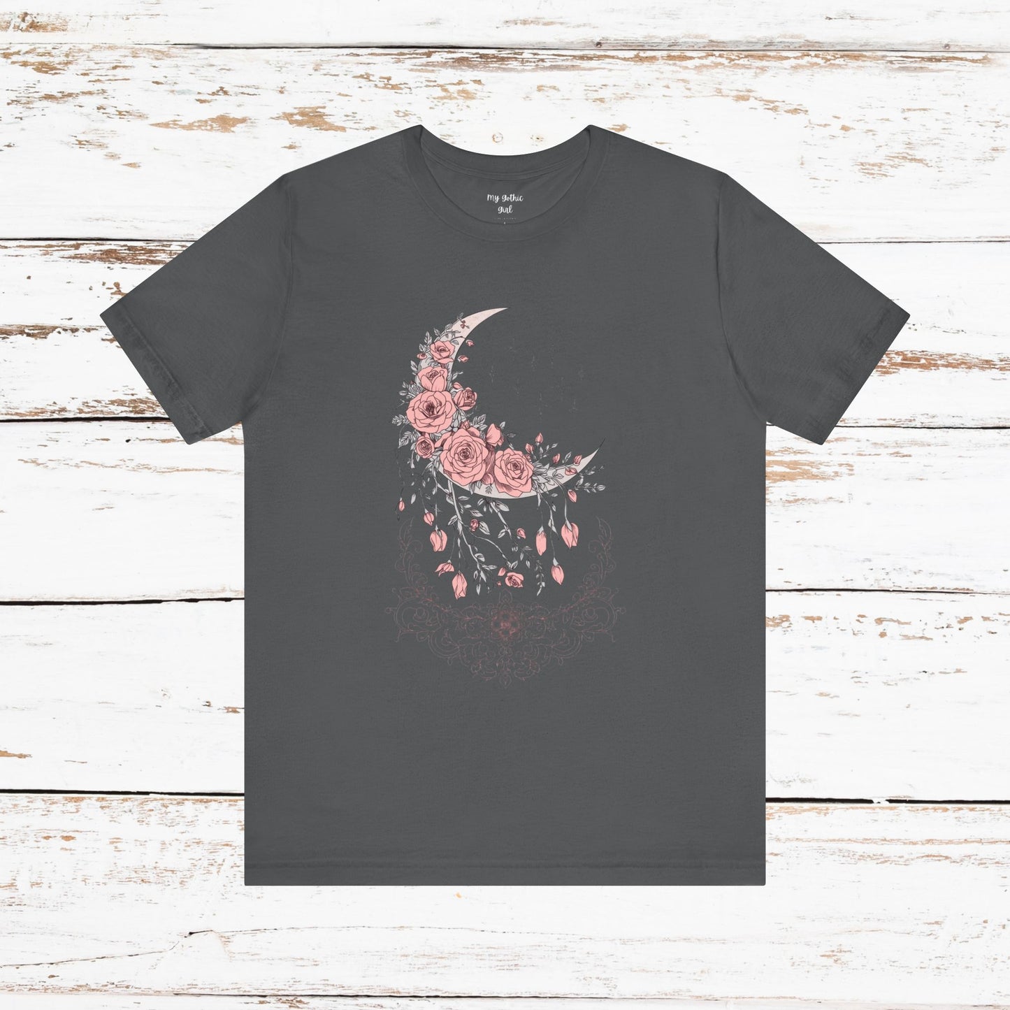 Celestial Goth Crescent Moon Tee with Dripping Florals – Mystic Graphic Art
