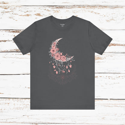 Celestial Goth Crescent Moon Tee with Dripping Florals – Mystic Graphic Art