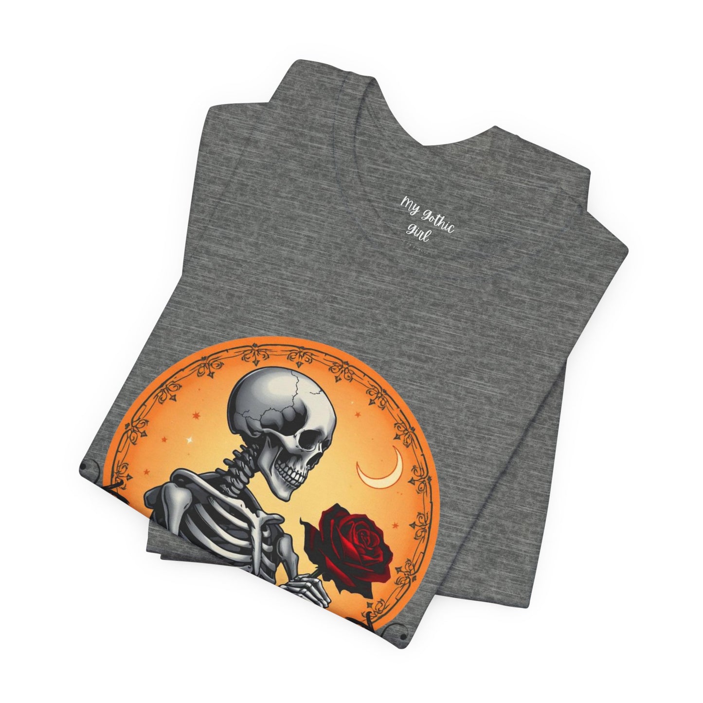 Mystical Gothic Skeleton and Black Rose Under Crescent Moon T-Shirt Design