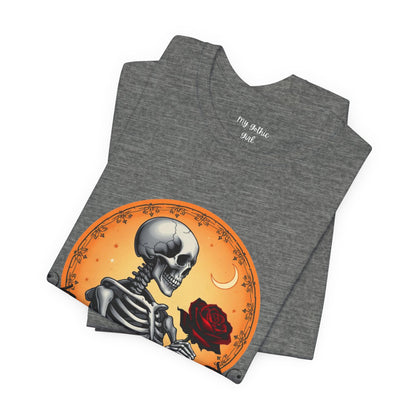 Mystical Gothic Skeleton and Black Rose Under Crescent Moon T-Shirt Design