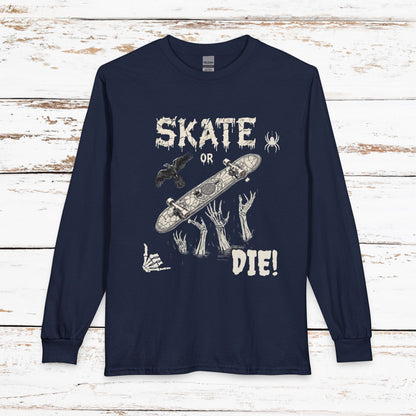 Skate or Die Long Sleeve Shirt — Gothic Skull Skateboard Tee