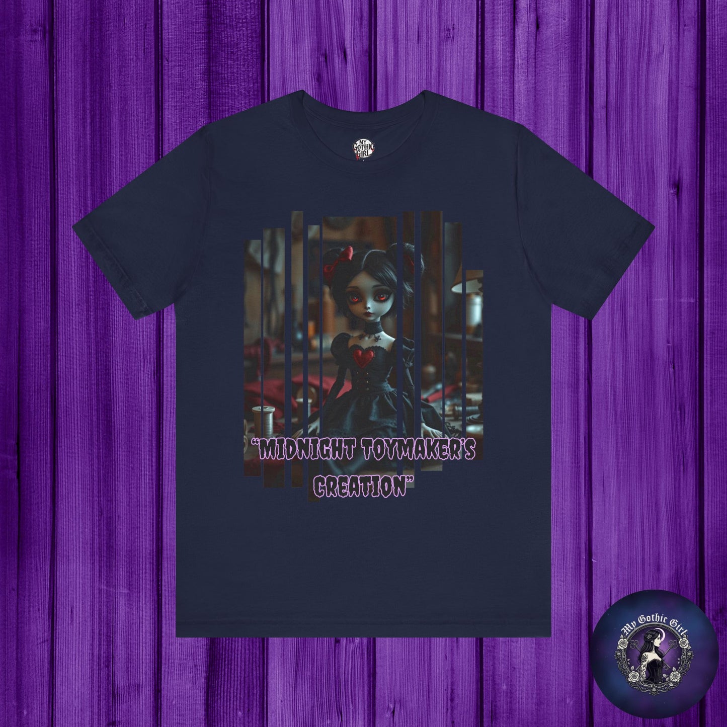“Midnight Toy-maker's Creation” —hand-stitched Gothic doll Graphic T-Shirt – Alt Aesthetic Poetic Goth Street-wear