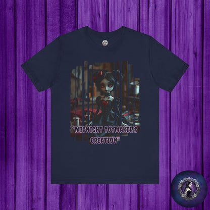 “Midnight Toy-maker's Creation” —hand-stitched Gothic doll Graphic T-Shirt – Alt Aesthetic Poetic Goth Street-wear