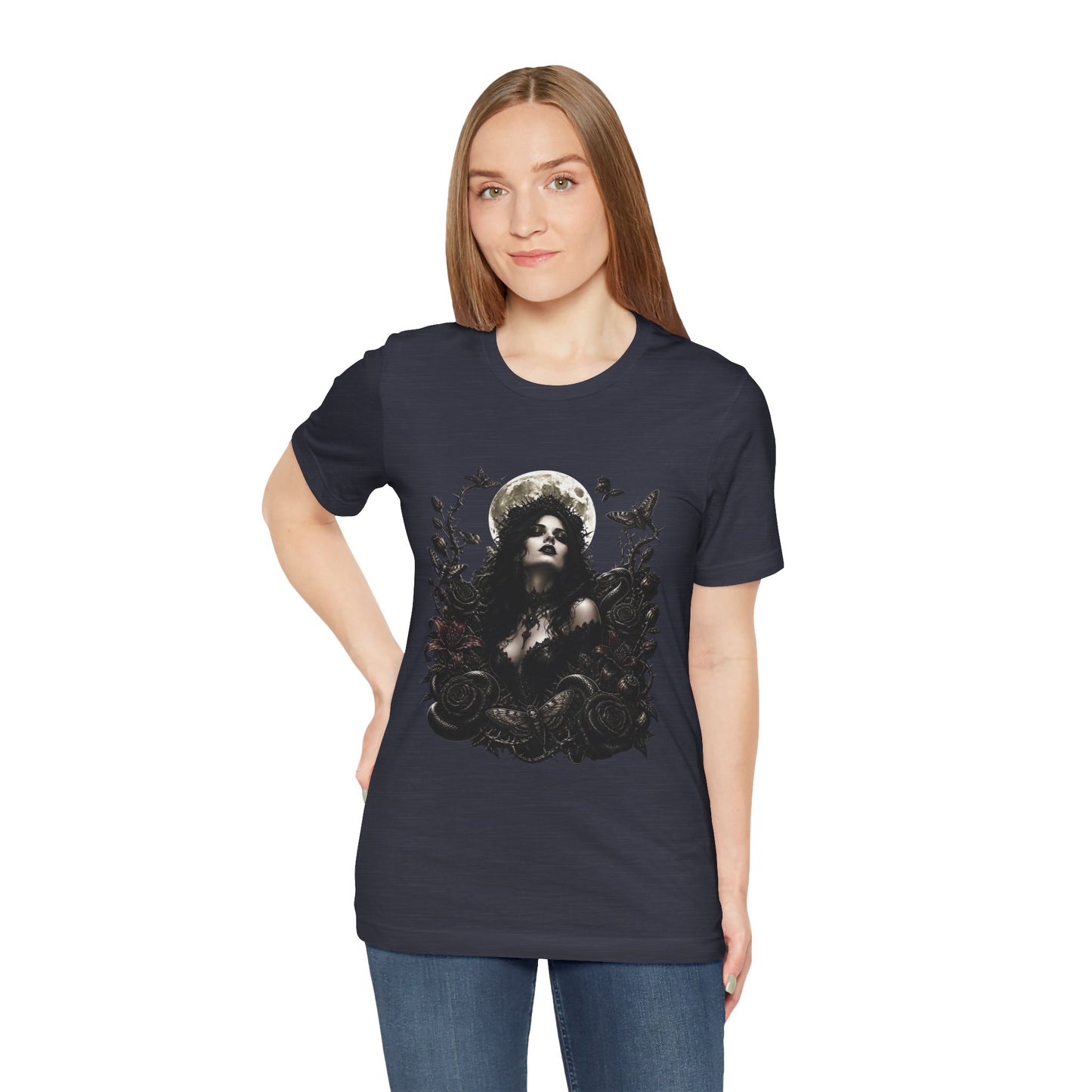 Gothic Moon Goddess Tee – Dark Floral Occult Graphic T-Shirt