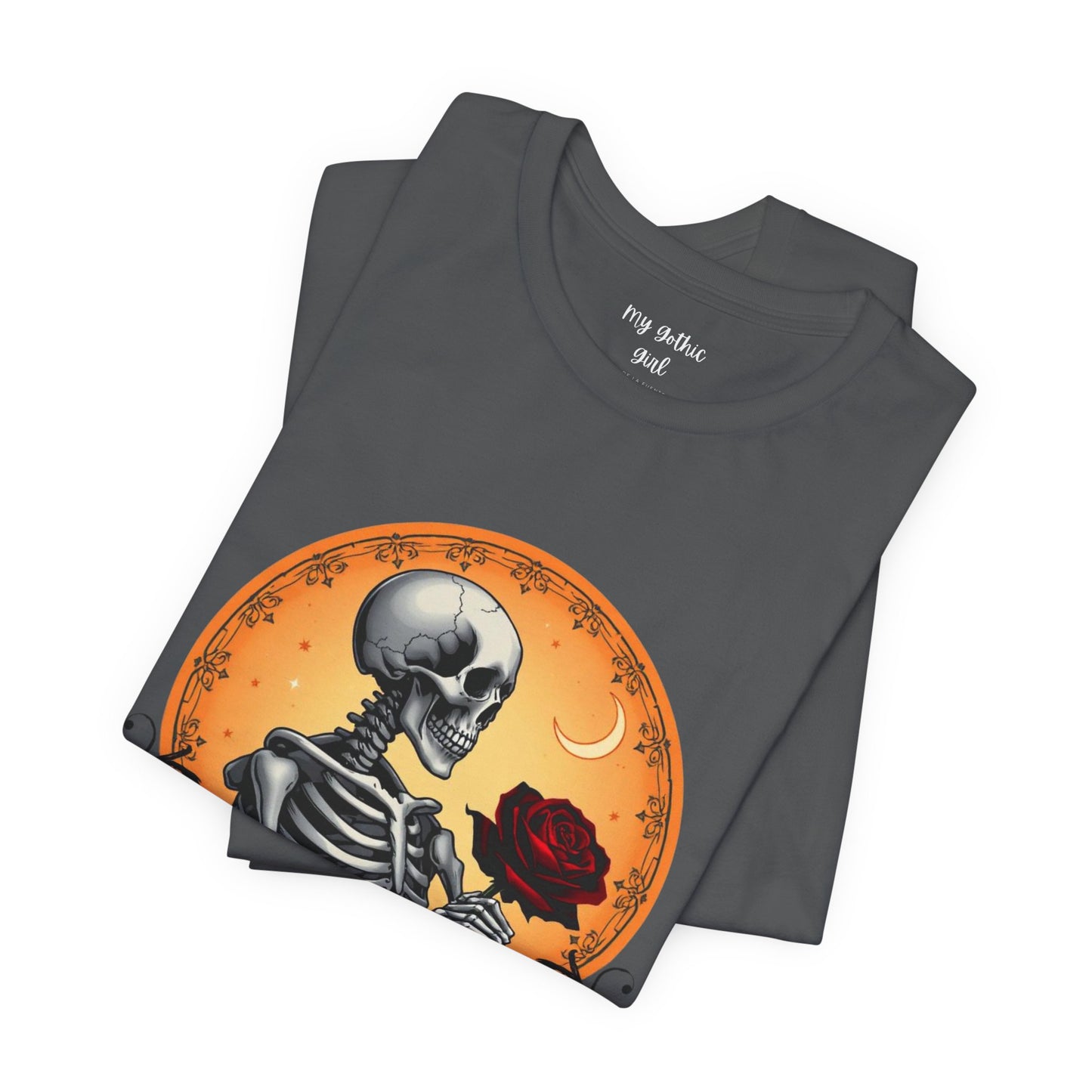 Mystical Gothic Skeleton and Black Rose Under Crescent Moon T-Shirt Design