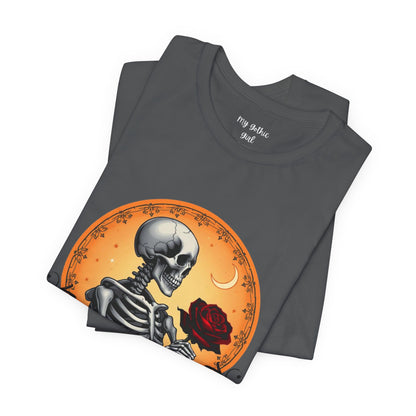 Mystical Gothic Skeleton and Black Rose Under Crescent Moon T-Shirt Design
