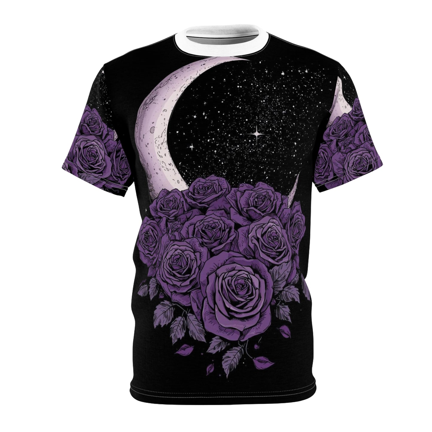 Purple Moon & Roses Tee — Gothic Floral Moonlight All-Over Print Shirt