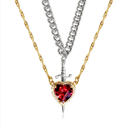 Gothic Punk One Arrow Through The Heart Creative Two Color Couple Necklace Red Rhinestone Heart Dagger Necklace Good Friend Gift Fashion Jewelry