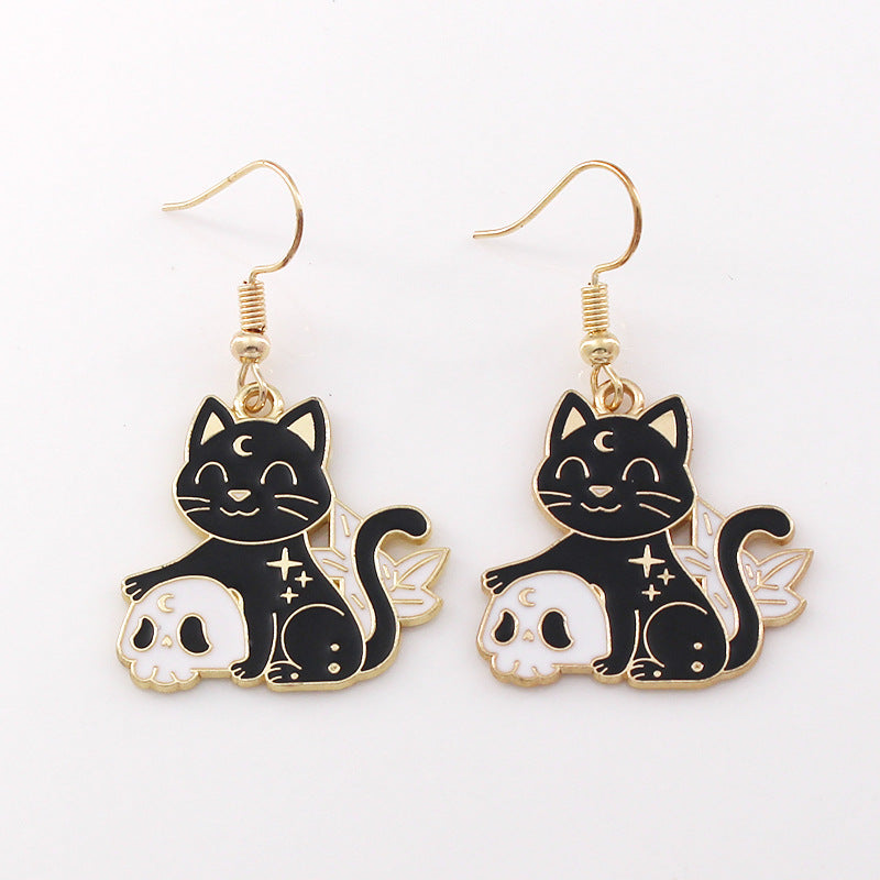 Gothic Black Cat Skull Earrings for Women's Jewelry