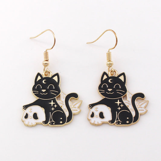 Gothic Black Cat Skull Earrings for Women's Jewelry