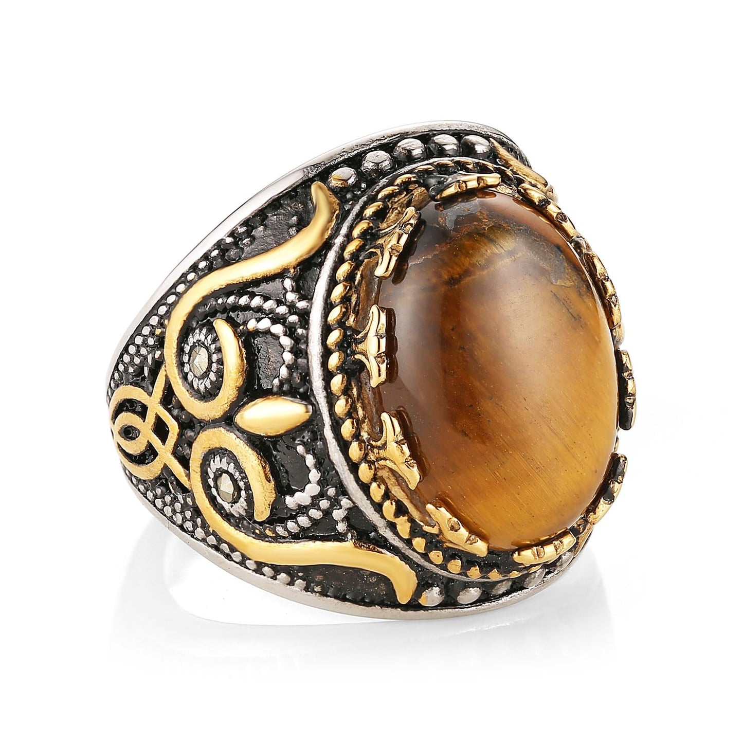 HZMAN Large Tiger Eye Stone Ring for Men Women Natural Oval Stone Ring Stainless Steel Retro Gothic Ring Cocktail Party Jewelry Gift (Size7)