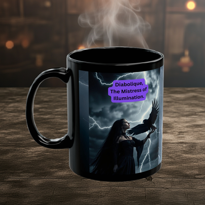 "Diabolique Mistress of Illumination Black 11 oz Mug – “Mystical Gothic witch coffee mug adorned with dark, enchanting design.”