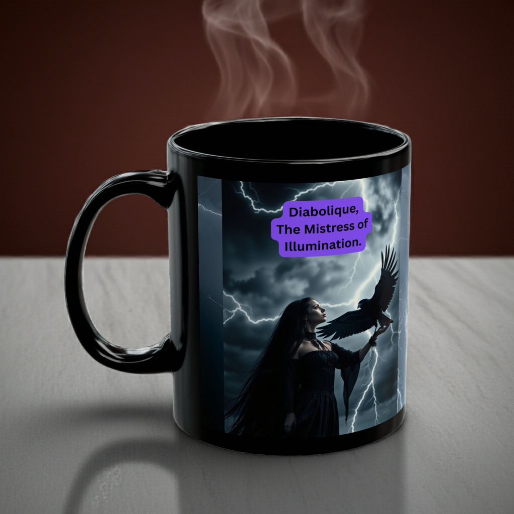 "Diabolique Mistress of Illumination Black 11 oz Mug – “Mystical Gothic witch coffee mug adorned with dark, enchanting design.”